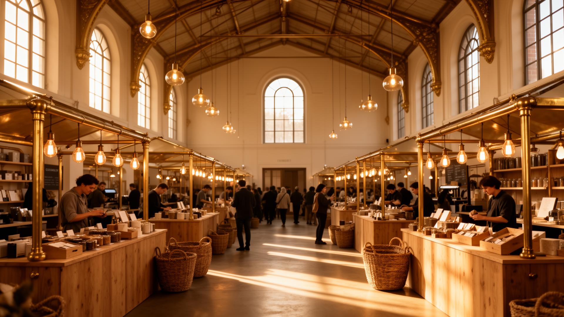 A warm, cinematic view of a modern market hall at golden hour, with brass details and wooden stalls.